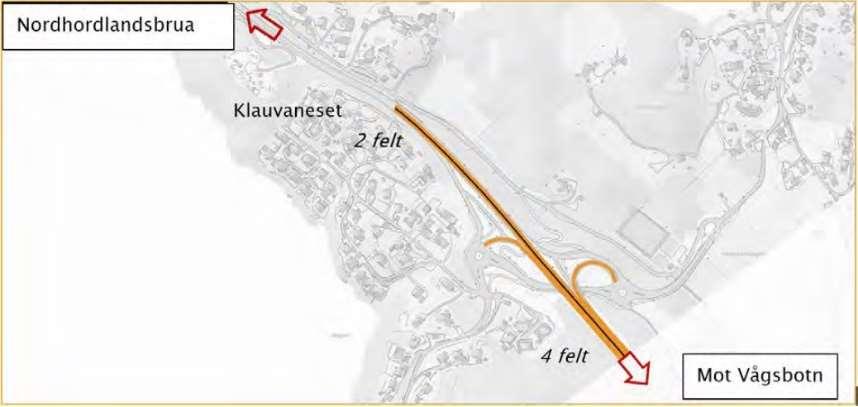 Endepunkt ved Klauvaneset/Tellevik I nord forutsettes at ny vegløsning i første omgang avsluttes i dagens to-plankryss ved Tellevik.