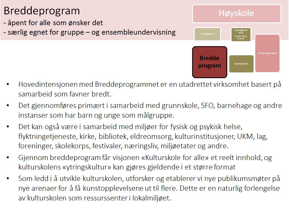 Tilpasset opplæring Organisering av tilbudet i ulike nivå/program (bredde, kjerne, og fordypning) skal ivareta behovet for tilpasset opplæring.