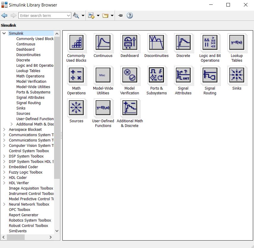 «Simulink Library Browser» er hvor du plukker ut hvilke blokker du vil