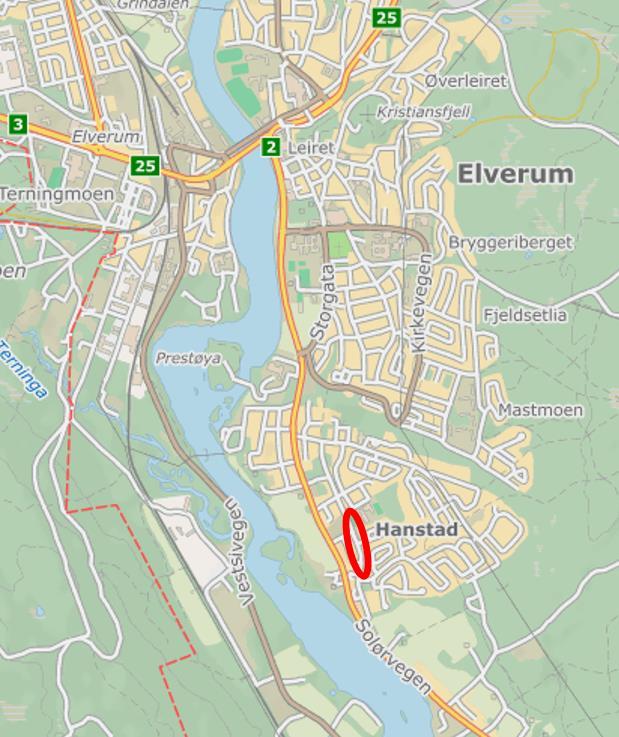 Beskrivelse av planområdet, eksisterende forhold 3.1. Beliggenhet med oversiktskart og planavgrensning Veg med gang-/sykkelveg ligger innenfor området Hanstad, sør for Elverum sentrum.