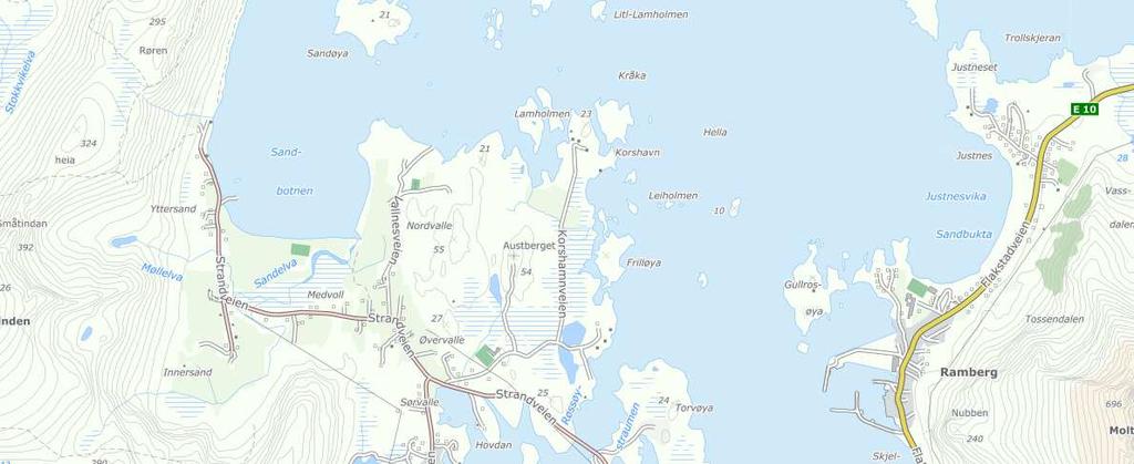 2. PLANOMRÅDET Planområdet ligger på Fredvang i Flakstad kommune: Området ligger mellom RV986 og sjøen, samt en bit på