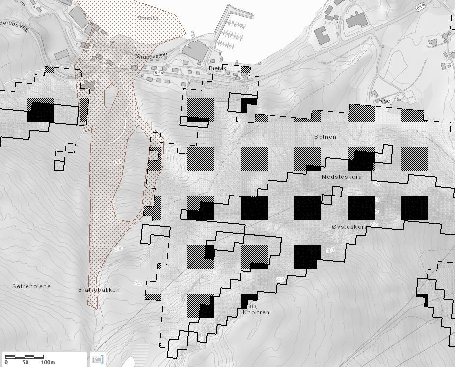 Figur 9: Aktsomhetskart for steinsprang (grå skravur) og jord- og flomskred (brun skravur) utarbeidet av NVE (NVE, NVE