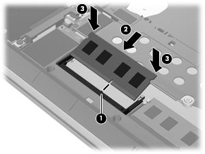 c. Trykk minnemodulen (3) forsiktig ned ved å presse på både venstre og høyre side av modulen, helt til festeklipsene smekker på plass.