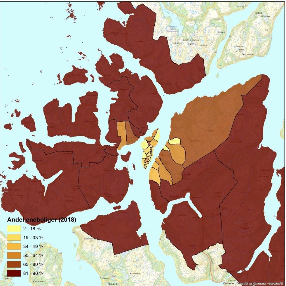 3.6.3.1 Enebolig Av kretsene i byområdet er det to soner på Kvaløya (Slettaelva og Kaldfjord-Eidkjosen) som utpeker seg som områder med høyest andel