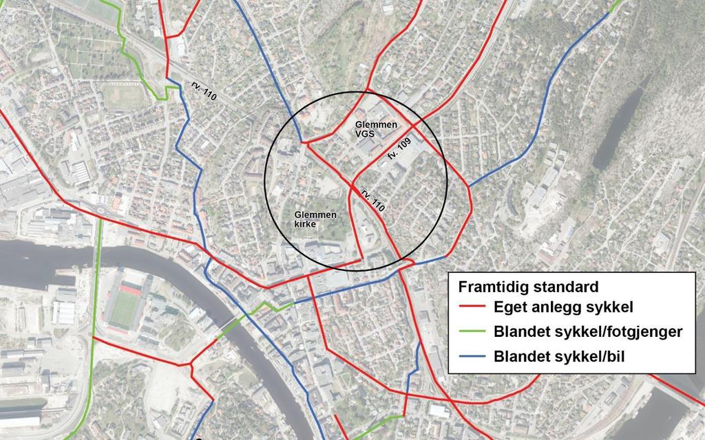 35 av 151 Figur 5-2: Kart som viser Grønli knutepunkt (svart sirkel) og hovedsykkelvegnettet slik det er lagt opp til i Bypakke Nedre Glomma- rapporten «Hovedsykkelveier i Sarpsborg og Fredrikstad»