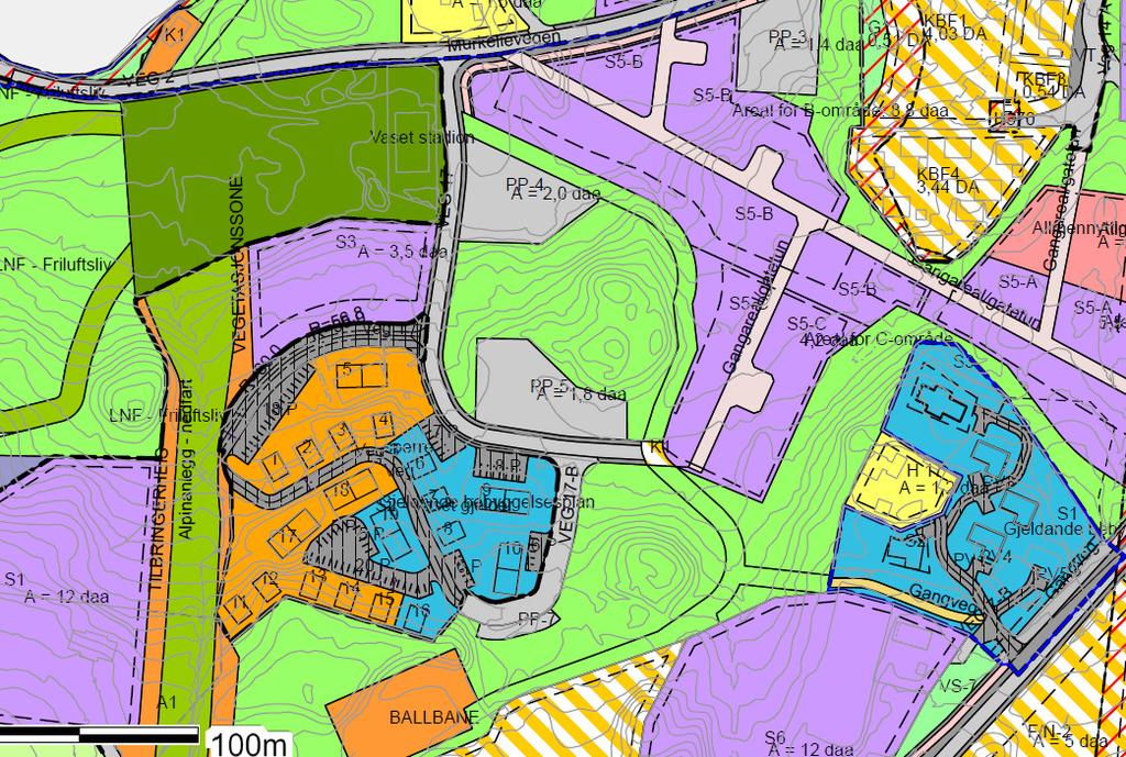 Kart 3: Gjeldende reguleringsplan for S2 sett i sammenheng med gjeldende plansituasjon i nærområdet. Kart 3 viser område S2 sett i sammenheng med gjeldende reguleringsplan for Vaset sentrum.