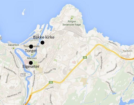 7 Vurdering av resultatene Figur 7-1: Kartet viser målestasjonene i Trondheim. Det ble utført måling av PM 10 på våren 2018 og dette er lagt til grunn for beregningene av svevestøv.