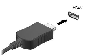Slik kobler du en HD-TV eller -skjerm til datamaskinen: 1. Koble den ene enden av HDMI-kabelen til HDMI-kontakten på datamaskinen. 2. Koble til den andre enden av kabelen til en HD-TV eller -skjerm.