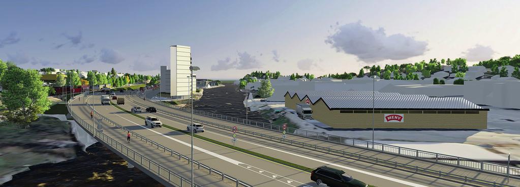 NY INNFART: Den nye innkjøringen til Fredrikstad, med planlagte nybygg langs Seutelva. Omkjøringsveien vil dermed gå fra Mascot-krysset, via Pancoveien og frem til Seutelva (se kart).