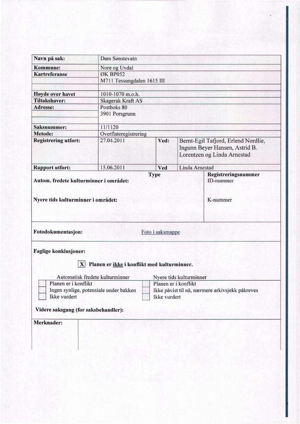 Navn på sak: Kommune: 1 Kurlreferanse Dam Sønslevaln Norea Uvdal ØK BPOSZ M711 Tessungdalen l6l5 Ill Hø de over ha