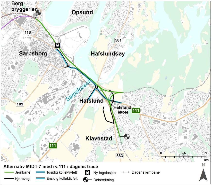 Dagens vegbru over Sarpsfossen vil fungere som ny gang- og sykkelveg. Videre østover til Hafslund skole ligger gang- og sykkelvegen omtrent i samme trasé som dagens fv. 118 og rv. 111.