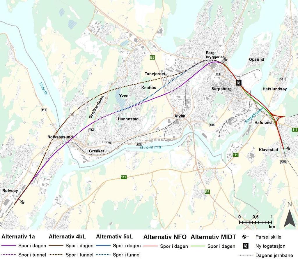 Figur 2: Alternativene med lav løsning for 4b og 5c. Alternativ 1a Nytt spor følger eksisterende jernbanetrasé ved Rolvsøy i Fredrikstad før den krysser Rolvsøysund og ny fv.