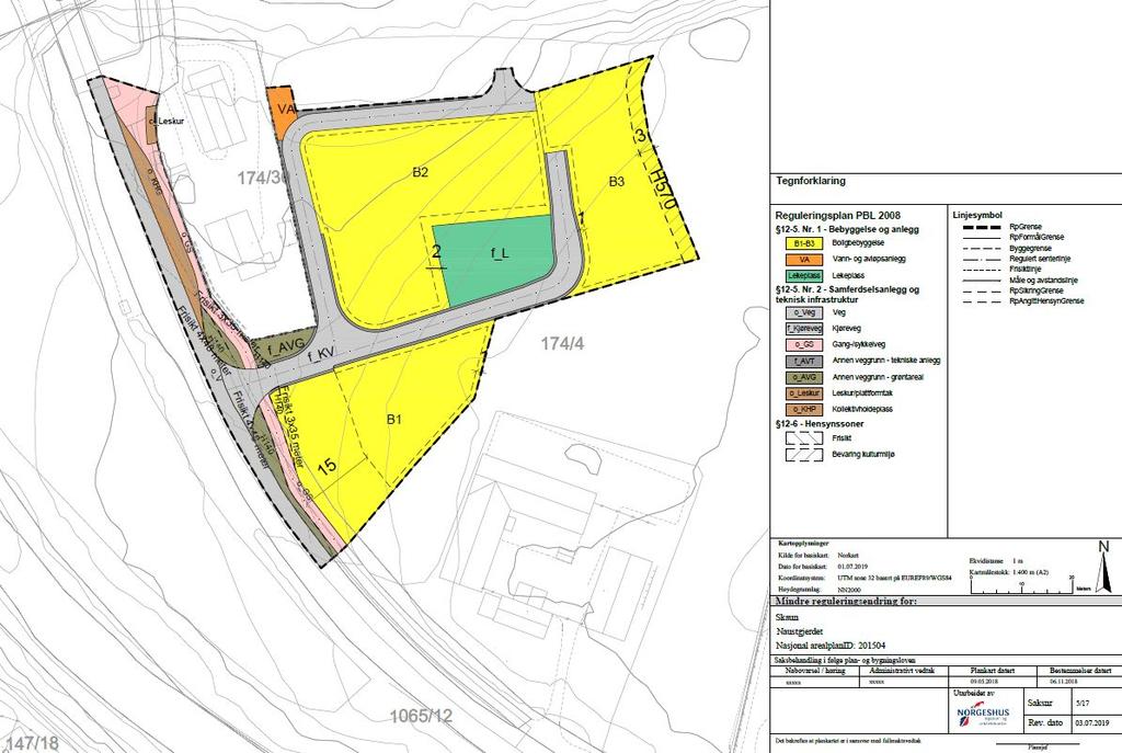 B2: Området avsatt som B2 har nå et totalt areal på 1351 m 2. Dette har blitt litt mindre til fordel for et større areal avsatt til f_l (315 m 2 ).