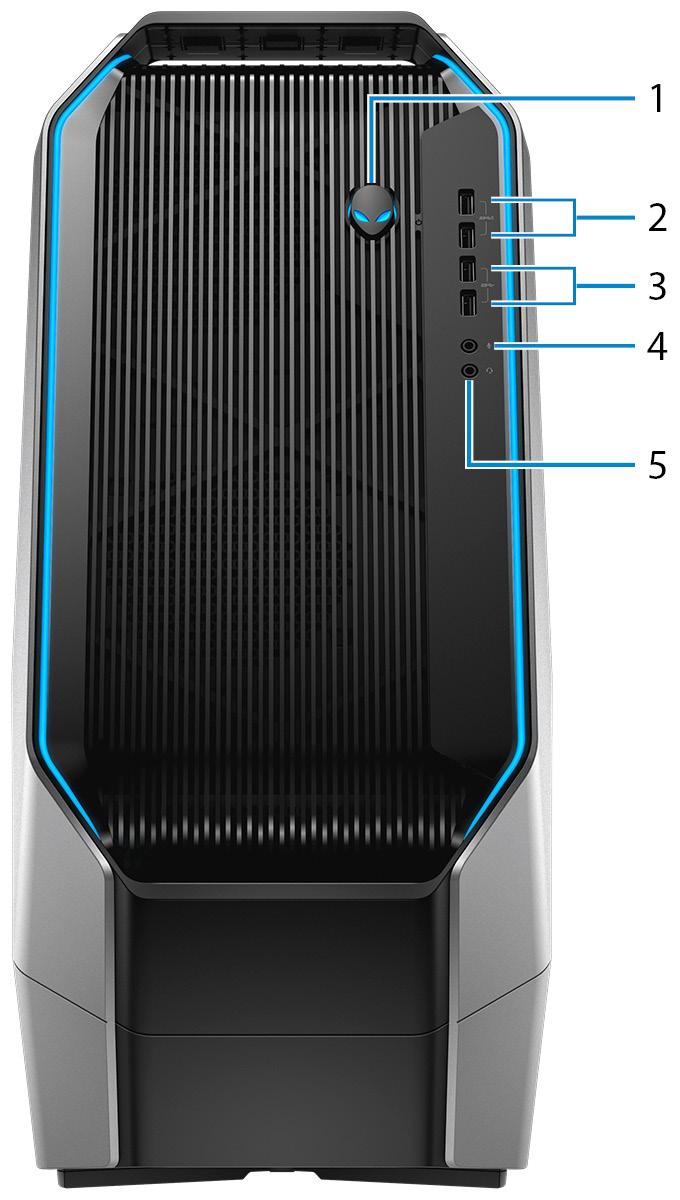 Visninger av Alienware Area-51 R7 Front 1 Av/på-knapp (Alienhead) Trykk for å slå på datamaskinen hvis den er slått av, i hvilemodus eller i dvalemodus.