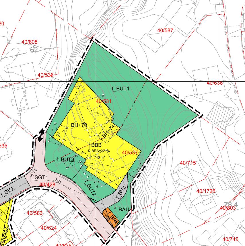 8 Beskrivelse av planforslaget Dersom arealet for hele utbyggingsområdet benyttes som utgangspunkt (BBB, f_but1-3, f_bau, f_bre og f_sv2), er utnyttelsesgraden for BBB 87,5 % BRA.