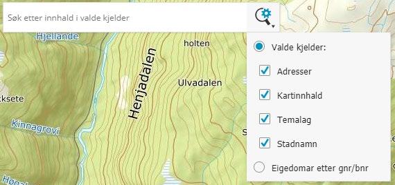 Søkefunksjonar Systemet vil søke i alle temalag og SSR (Kartverket sitt stadnamn register). Du får også treff på metadata til temalaga.