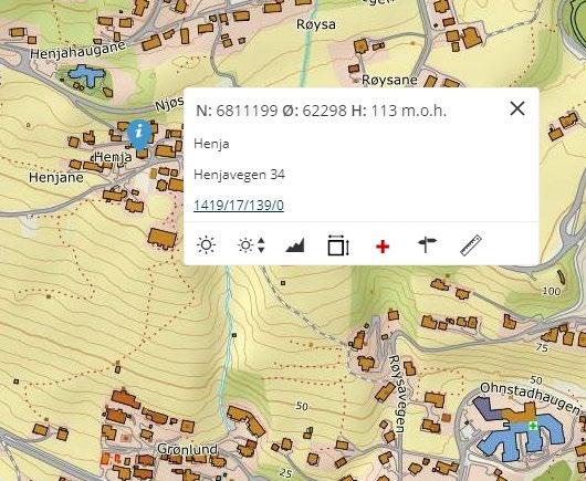 Klikk i kartet 1 2 3 4 5 a b c d e f g 1. Klikk lokasjon 2. Koordinater og høgde 3. Resultatliste 4. Matrikkeladresse syner i vindauge.