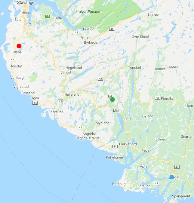 Figur 4-2: Kart som viser plassering av de meteorologiske stasjonene Eik Hove (grønn), Særheim (rød) og Lyngdal (blå). Kartkilde: eklima.met.no [22].