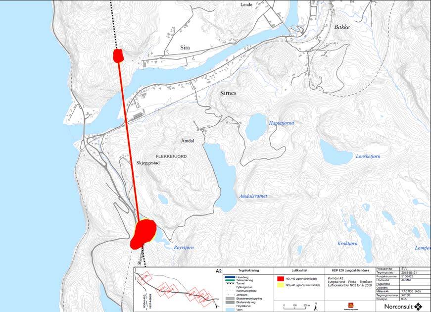 Som et eksempel er gule og røde soner for området ved Sira/Sirnes vist i Figur 5-7, Figur