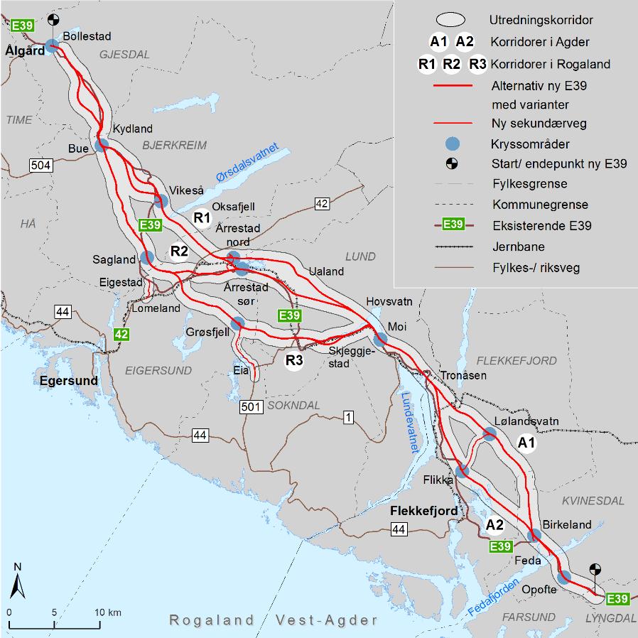 Innenfor korridorene i Rogaland (R1, R2 og R3), er det varianter på delstrekninger.