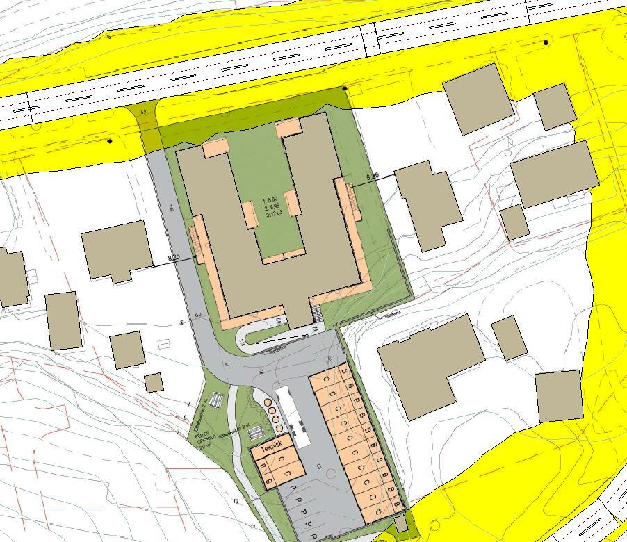 5 Støytiltak Figur 2: Støysonekart i 5 meters høye, Gul sone L den 55dB- 65 db, Rød sone L den 65 db 5 Støytiltak 5.1 Utendørs Leilighetene mot nord er planlagt med innglasset terrasse.