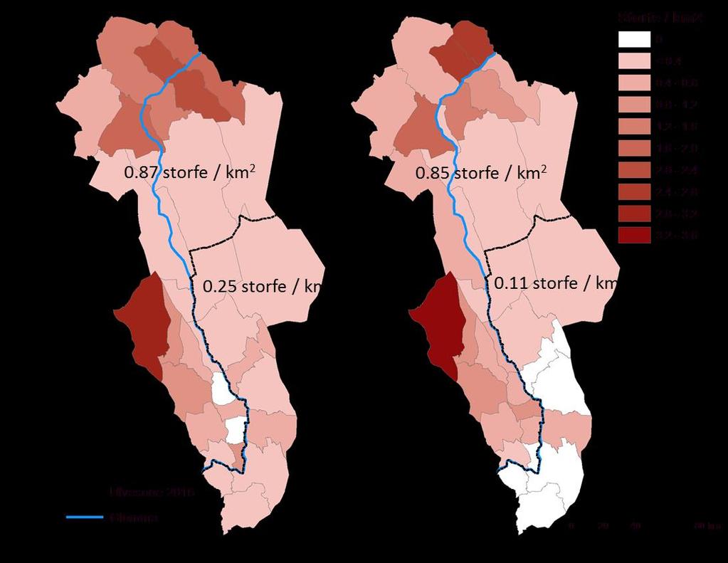 Figur 16. Tetthet av storfe på utmarksbeite i Hedmark fylke i 1998 (A) og 2015 (B), med gjennomsnittsverdier innenfor og utenfor ulvesonen.