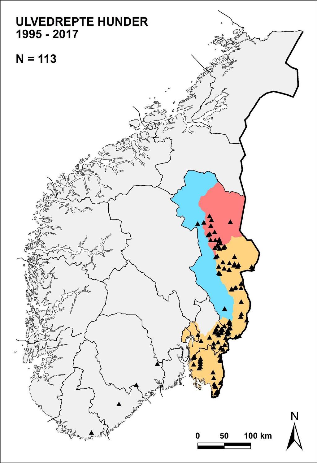 Figur 17. Hunder registrert drept av ulv i Norge, 1995 2017 pr. 13. februar 2017 (Miljødirektoratets Rovbase, pr. 13. februar 2017).