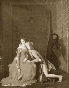 Ary Scheffer schiep in 1835 het iconische beeld van Paolo en Francesca in de wervelwind, geobserveerd door Dante en Vergilius.