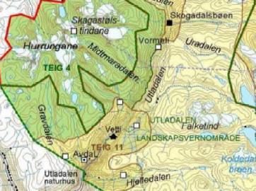 Kartutsnittet under viser sonedelinga i forvaltningsplanen, med grøne teigar som skjerma: Tiltaket er planlagt innan brukssone, teig 11.