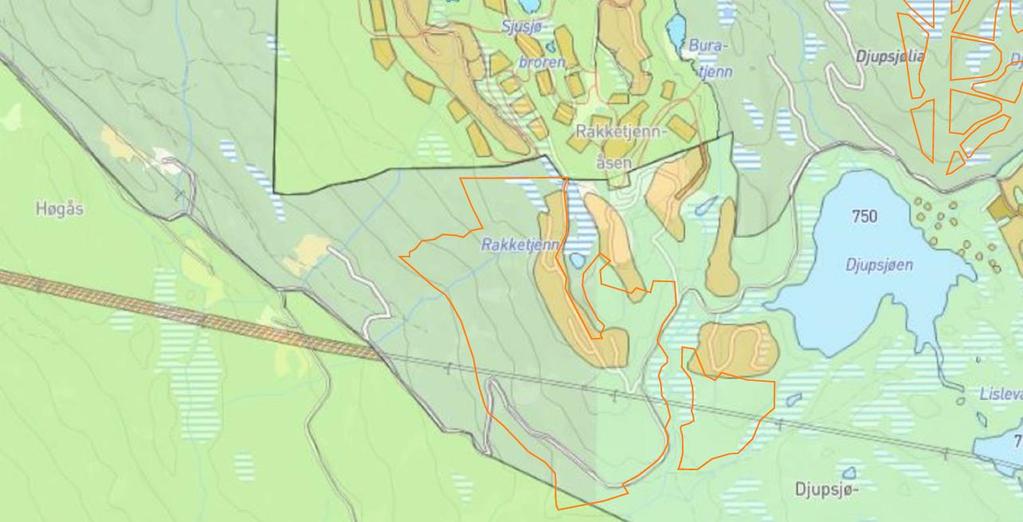 3. Rakketjenn/Kjølahovet Illustrasjon: Innspill om byggeområder med oransje linjer, bakgrunn er kommunens innsynsløsning /GisLine Hvis «Annet», beskriv hvilke formål: Størstedelen av områdene der det