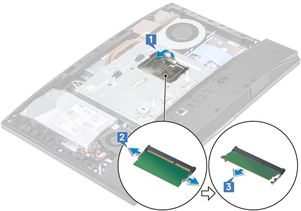 a) Fot b) Bakdeksel 3. Lirk DIMM-døren på systemkortvernet åpen for å finne minnemodulen på hovedkortet [1]. 4. Lirk festeklipsene i begge endene av minnemodulsporet til minnemodulen spretter opp [2].