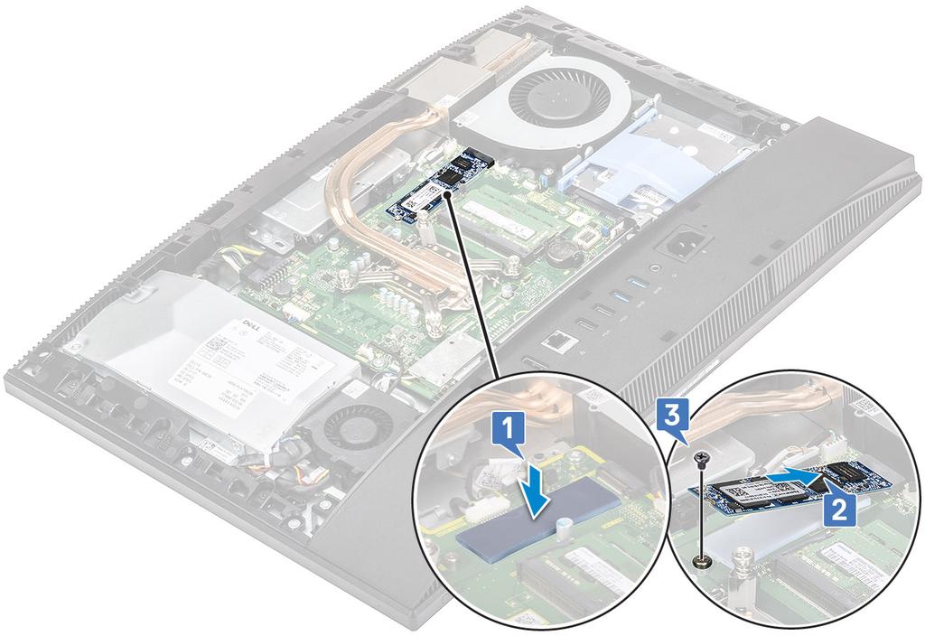 4. Installer følgende komponenter: a) Hovedkortvern b) Bakdeksel c) Fot 5. Følg fremgangsmåten i Etter at du har arbeidet inne i datamaskinen.