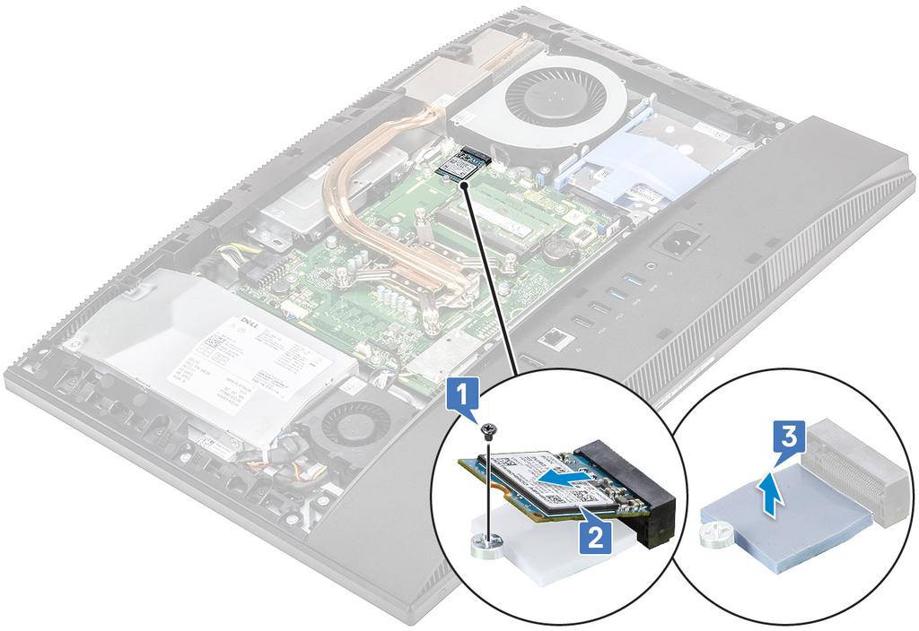 Installing the 2230 SSD card (Sette inn 2230 SSD-kortet) 1. Sett inn varmeputen på det rektangulære merket som er avmerket på hovedkortet [1]. 2. Sett SSD-kortet inn i kortsporet på hovedkortet [2].