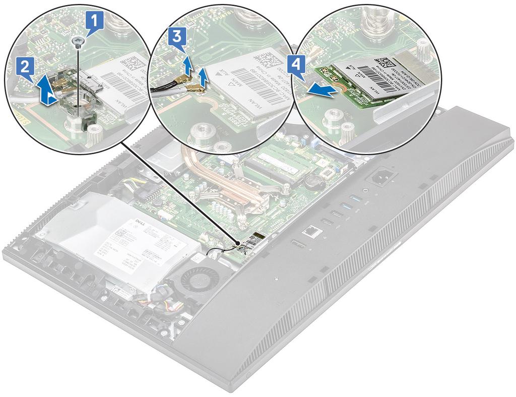 Sette inn WLAN-kortet 1. Slik setter du inn WLAN-kortet: a) Juster og sett inn igjen WLAN-kortet i WLAN-kortsporet [1]. b) Koble antennekablene til WLAN-kortet [2].