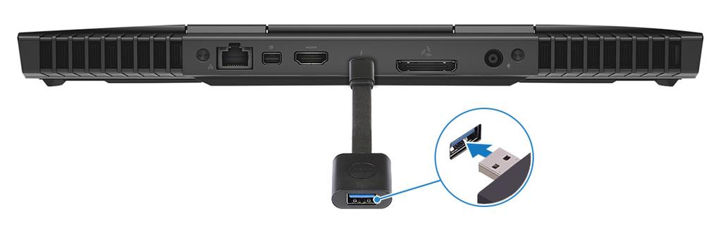 5 Koble Oculus Rift tracker til USB type-a-porten på venstre side av datamaskinen. 6 Koble en USB type-c til type-a-dongle til USB 3.1 Gen 2 (type-c)-porten på side av datamaskinen.