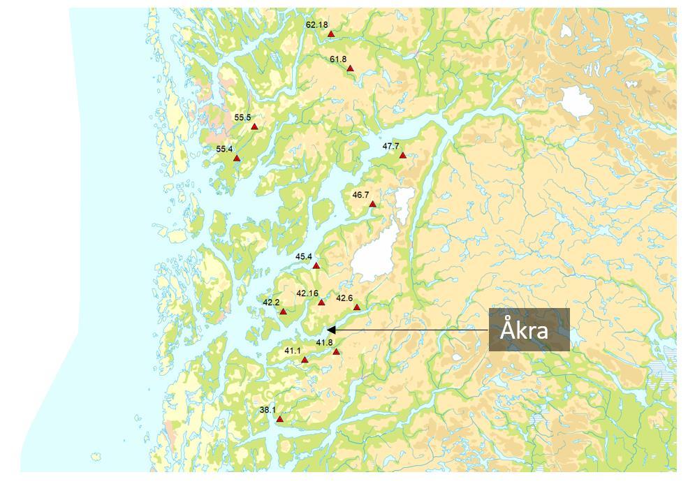 Figur 5 Vannmerker benyttet i regional flomanalyse Vurdering av årsmiddeltilsig i Åkravassdraget NVEs avrenningskart (61-90) oppgir et årsmiddeltilsig på 97 l/s/km² ved Åkraelvas utløp i sjøen.