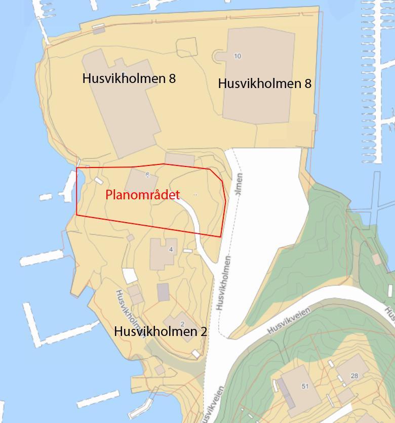 2 Beskrivelse av eiendommene Planområdet omfatter Husvikholmen 6, som er avgrenset i Figur 1.