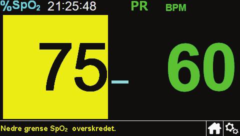 Hvis det oppstår en SpO 2 -alarm Hvis det oppstår en høy eller lav SpO 2 -verdi, vil du se en gul bakgrunn på SpO 2 -verdien og en melding nederst på skjermen.