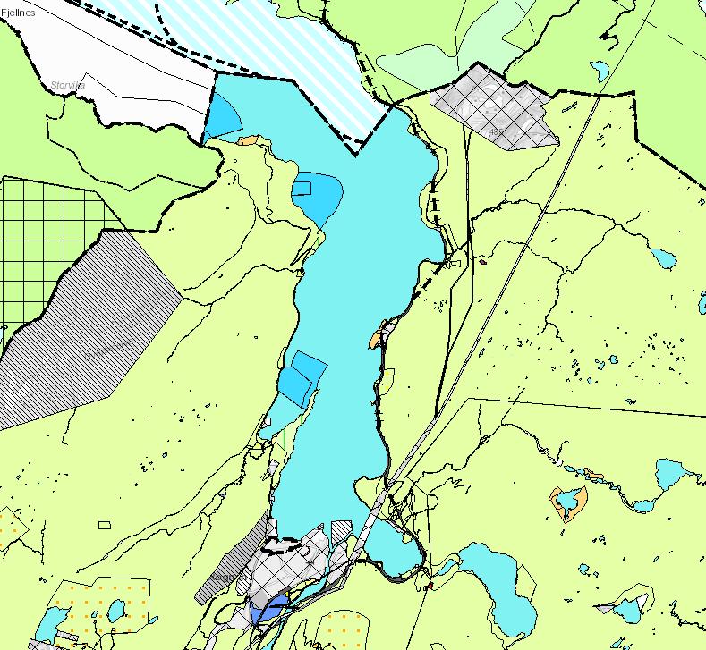 Kartutsnittet viser kommuneplanens arealdel for Saltdal kommune. Lyse blå farge er bruk og vern av sjø og vassdrag, mørkeblå farge er akvakultur med forrankringssone.