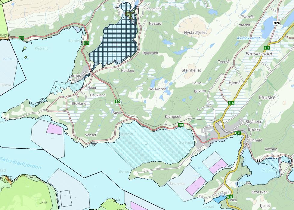 Utsnittet viser deler av planforslaget ved offentlig ettersyn for Fauske kommune. 6.5 Saltdal kommune VA 30. Helgevikbakkan. Akvakultur.