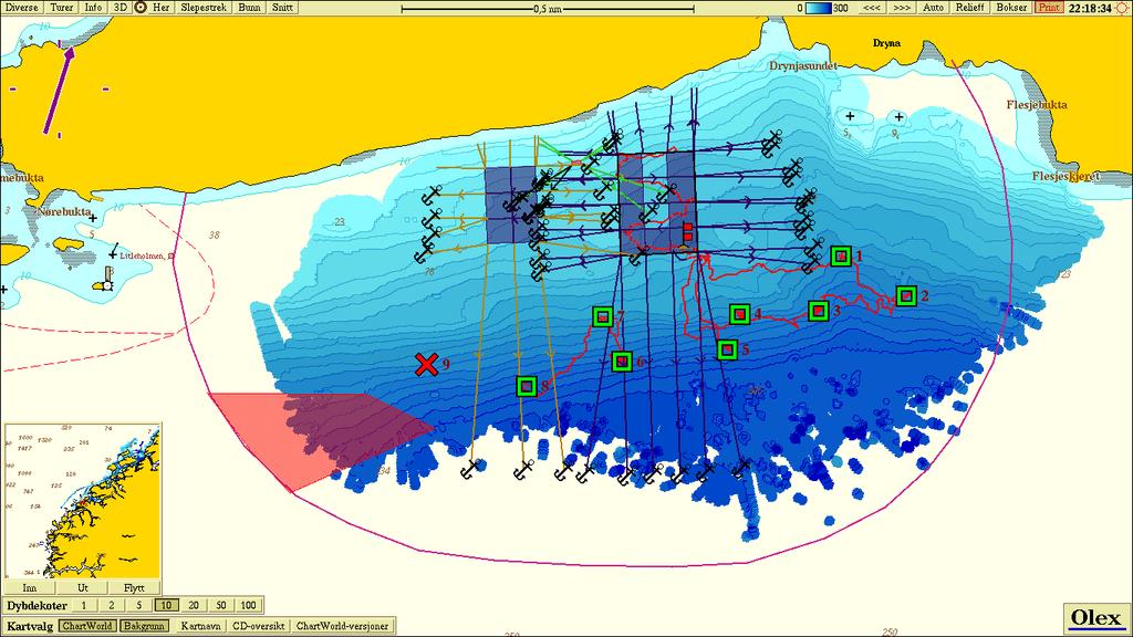 Figur 2.1.5 Relativ hardhet i området rundt, samt anleggets plassering med ankerfester. Varme farger viser hardt substrat, hvor grønt og blått viser mykere sediment.