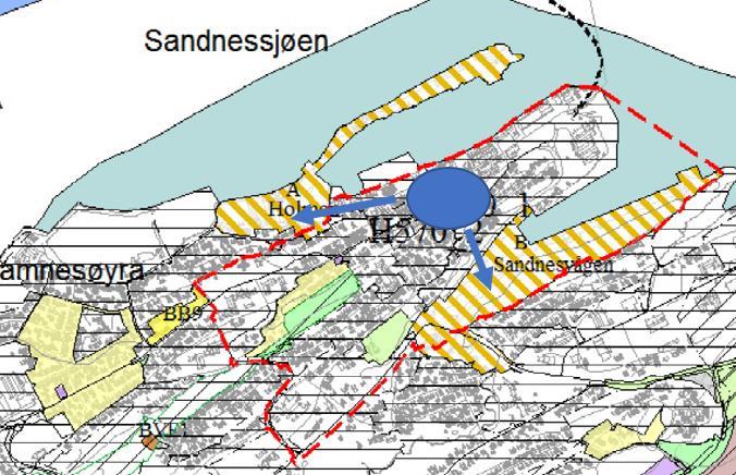 Alternativ 0 Eksisterende situasjon Beskrivelse: Byutvikling i Sandnessjøen, eksisterende situasjon.