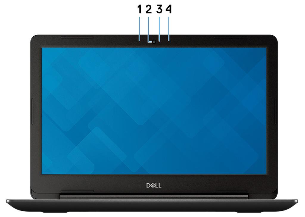 3 Visninger av Inspiron 5583 Foran 1 Venstre mikrofon Gir digital lyd til lydopptak og