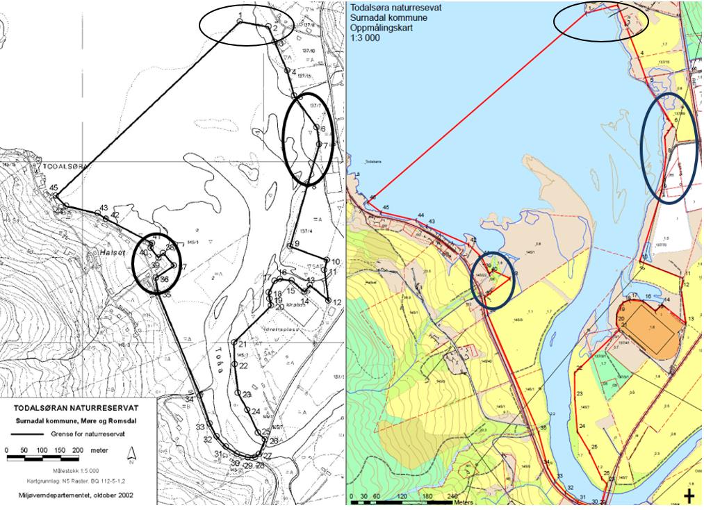 Figur 1. Kart i verneforskrifta frå 2002 til venstre og oppmålingskart frå 2009 til høgre.