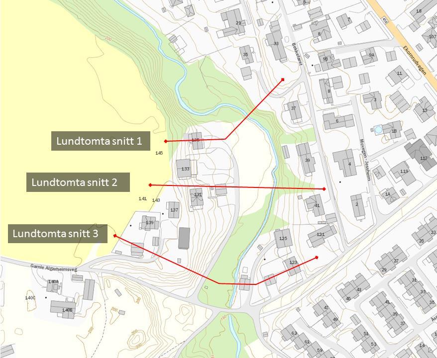 Figur 10 Utvalgte målesnitt ved Lundtomta Plassering Vannføring (m³/s) Vannstand (moh) Lundtomta snitt 1 8,96 191.77 Lundtomta snitt 2 8,96 191.31 Lundtomta snitt 3 8,96 190.