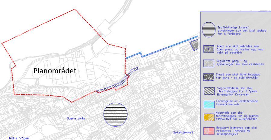 Utviklingsplan for Sandnessjøen med retningslinjer for veg/trafikktiltak og havn, datert 29.05.2013. Planområdet stiplet inn på temaplan med retningslinjer for veg/trafikktiltak og havn.