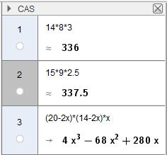 Eg gjorde utrekningane i CAS GeoGebra b) Bruk grafteiknar til å bestemme kor lang kvar side i kvadrata som klippast bort, må vere for at volumet av øskja skal vere størst mogleg.