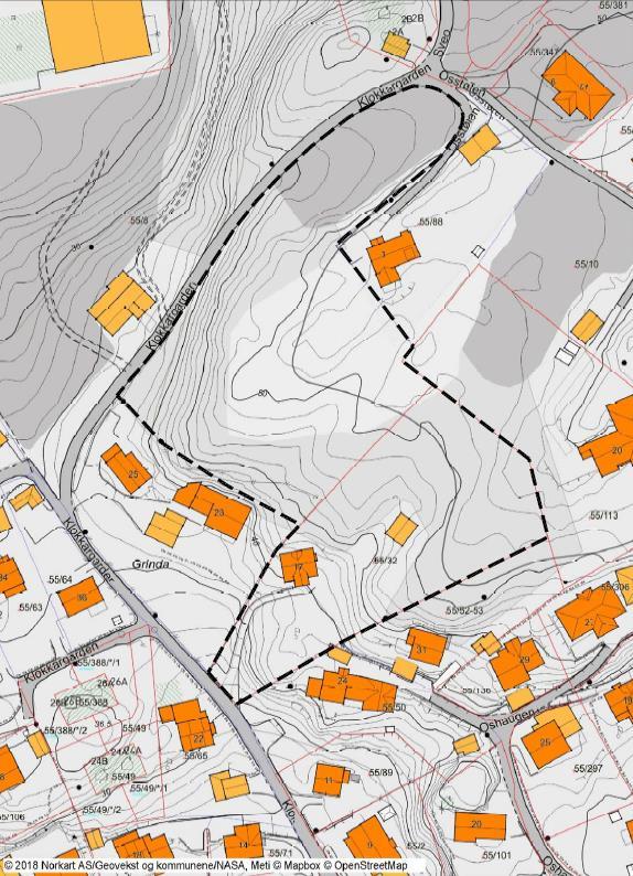 Detaljkart som viser planavgrensning: Figur 2. Plangrense Eigedomen grensar til kommunal veg Klokkargarden opp til der Klokkargarden møter Osstølen.