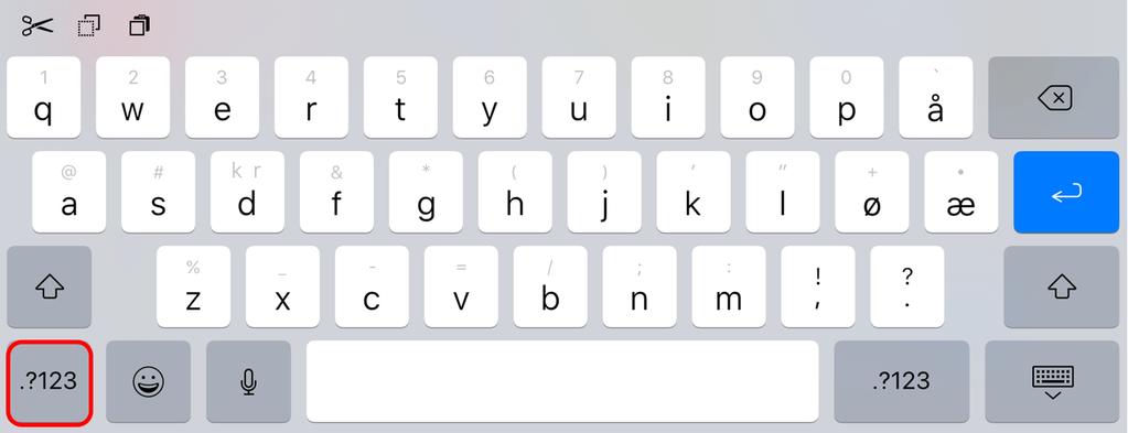 Tastatur Tastaturet på en ipad er delt opp i 3, bokstavtastatur, talltastatur og spesialtegntastatur.