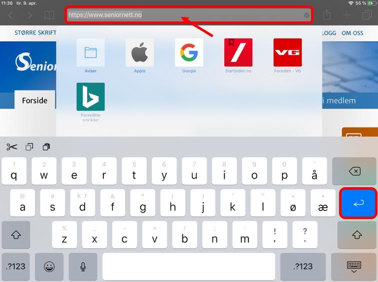 Søke inn en side på Internett 1. Trykk midt i Adressefeltet, da kommer ditt tastatur frem. 2.